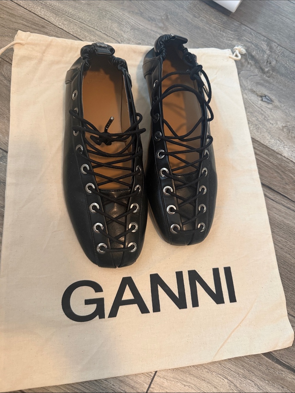 Ganni Lace-Up Ballerinas in Black Oleatex